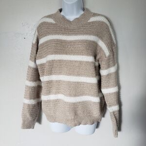 AndTheWhy M/L Pullover Sweater Beige White Stripes Soft Fuzzy Knit Cozy Fall